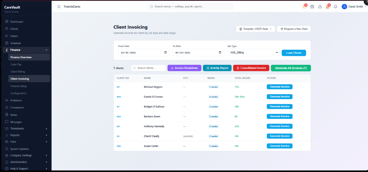 Invoicing — bulk generate for all clients in one click
