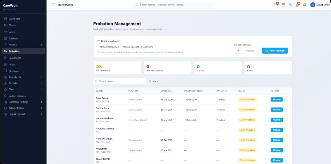 Probation — track periods, send reminders, record outcomes